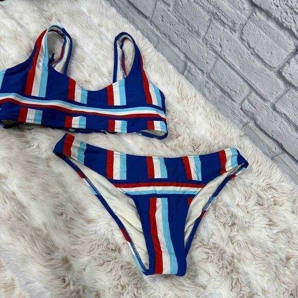Cupshe Bikini Womens Medium Blue Red Striped Tie‎ Back - Picture 1 of 4